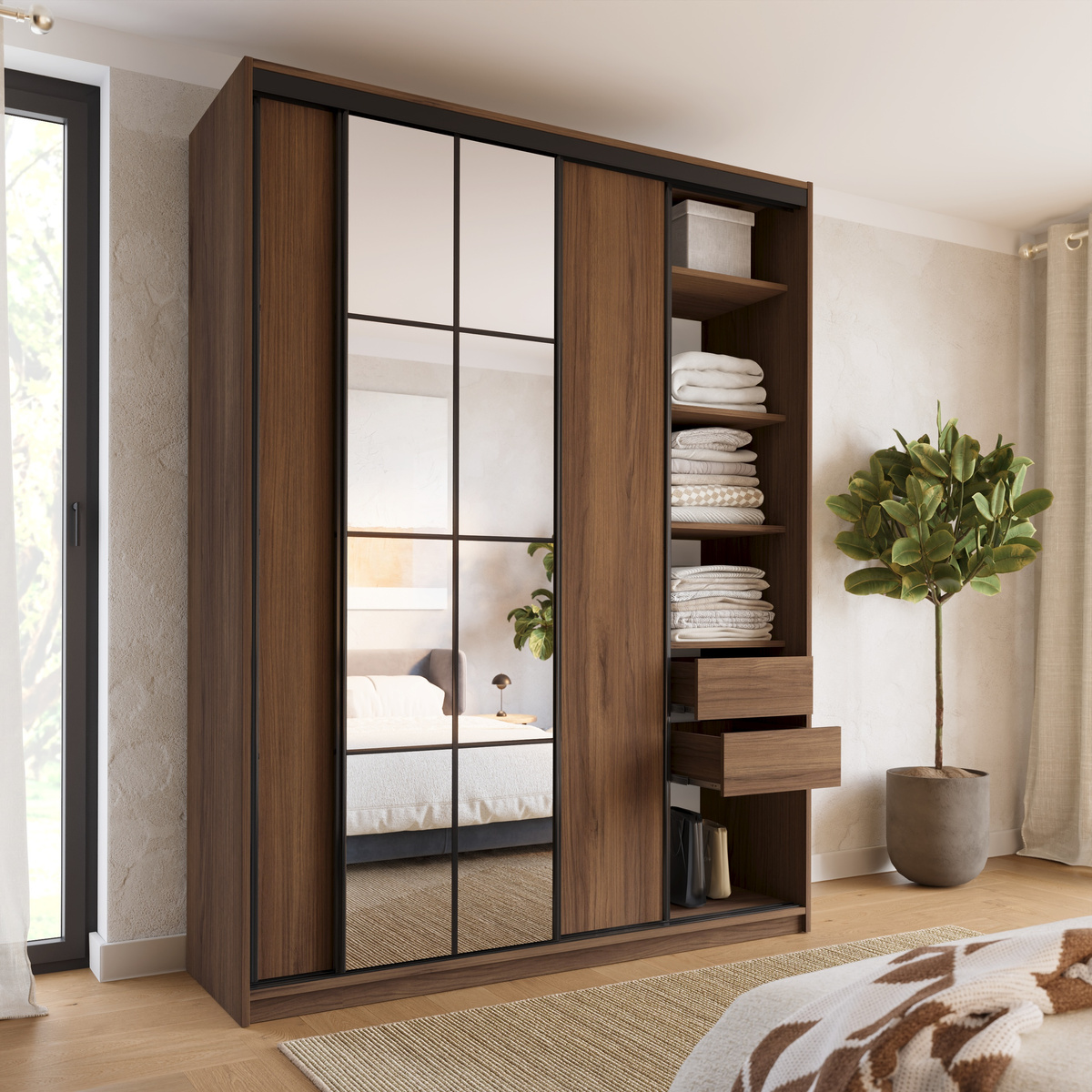 Wysoka szafa przesuwna z lustrem 180 cm do sypialni EDGE MAX orzech