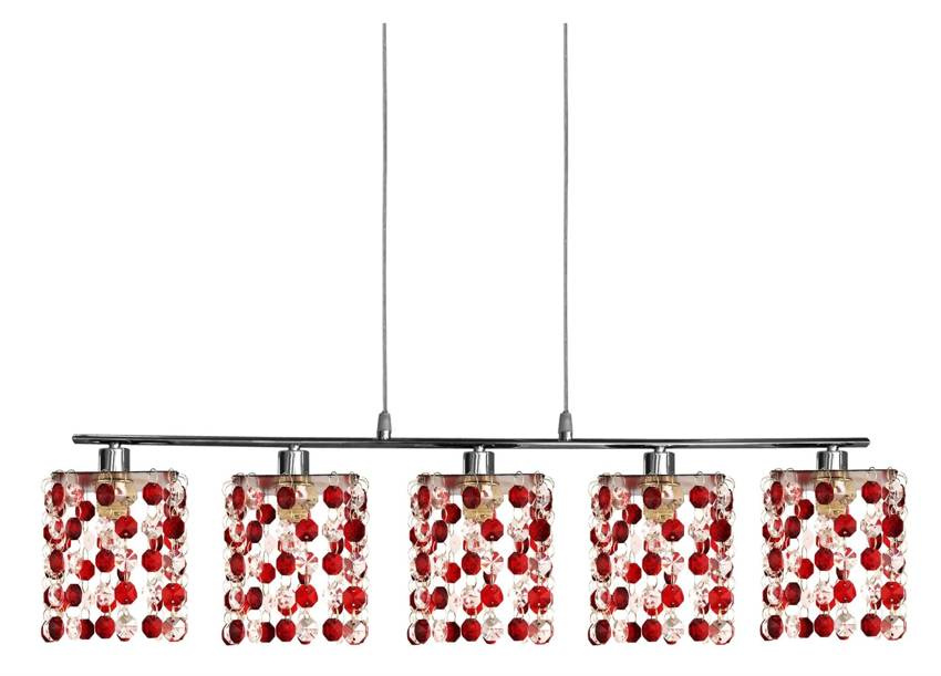 Chromowo-czerwona lampa wisząca z kryształkami do salonu Classic pięcioramienna