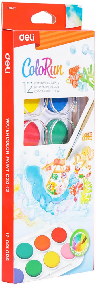 Farby akwarelowe Deli Colorun EC20 z pędzelkiem, 12 sztuk, mix kolorów