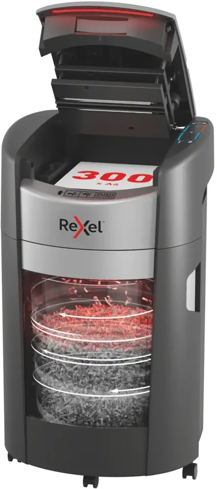 Niszczarka automatyczna Rexel ShredMax AutoFeed+ 300M, mikrościnek 2x5mm, 300 kartek, P-5 DIN, czarny