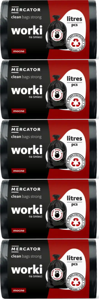 5x Worki na śmieci Mercator, LDPE, 35l, mocne, 50 sztuk, czarny