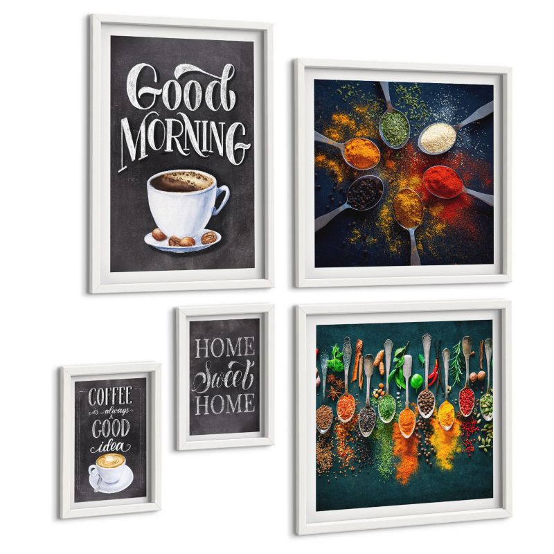 Galeria 5 Obrazów ArtPrintCave (2x50x50+2x20x30+40x60cm) Biała rama Przyprawy kawa filiżanka zioła 1 kpl.