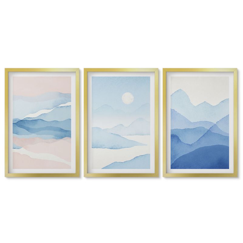 Zestaw 3 obrazów w złotych ramach Tulup 40x60 cm Niebieskie różowe góry akwarela Dekoracja ścienna do przedpokoju 1 kpl