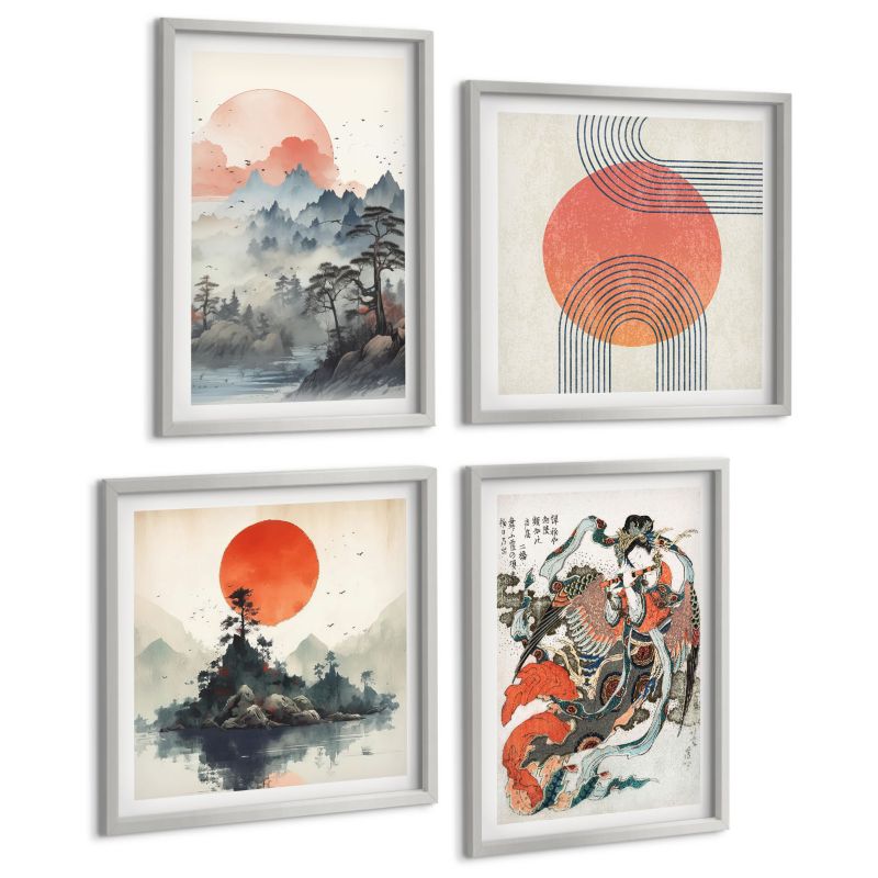 Zestaw Obrazów 4 Częściowy ArtPrintCave (2x50x50+2x40x60cm) Srebrna rama Azjatyckie pejzaże japandi 1 kpl.