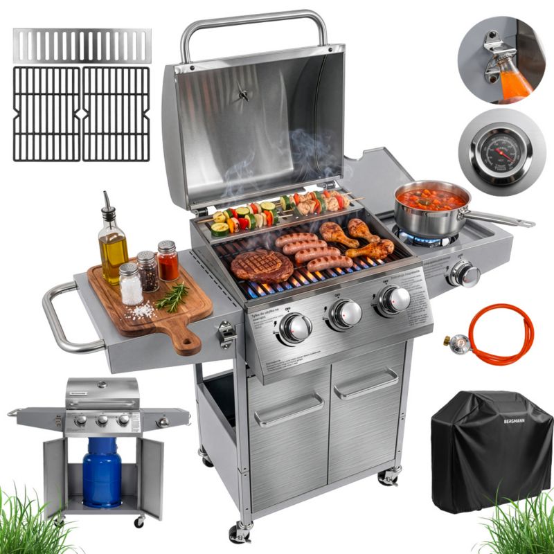 Grill gazowy BERGMANN NL002 3+1 palniki stal nierdzewna żeliwny ruszt stolik boczny + pokrowiec 1szt.