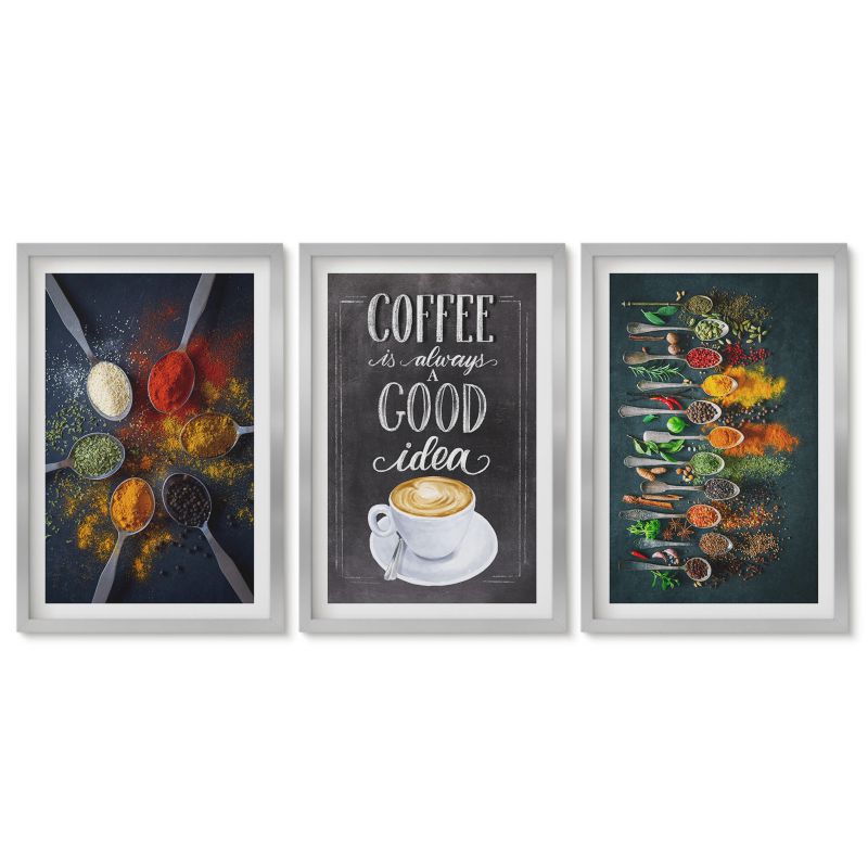 Obrazy w srebrnej ramie Tulup 40x60 cm Przyprawy kawa zioła wzory Galeria ścienna 1 kpl