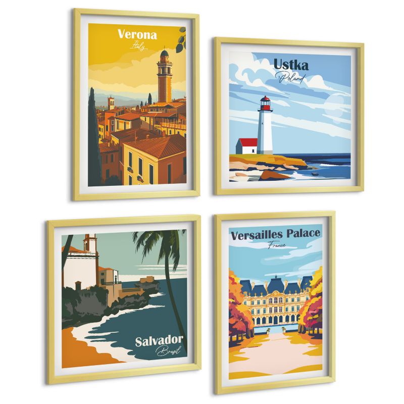 Galeria 4 Obrazów ArtPrintCave (2x50x50+2x40x60cm) Złota rama Widoki znanych miejsc nad morzem 1 kpl.