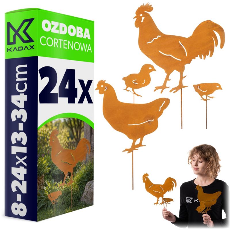 Ozdoby KADAX kury ogrodowe cortenowe rdzewione stalowe zestaw 24 szt.