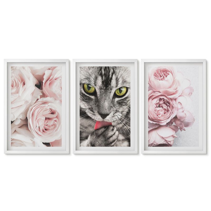 Zestaw 3 obrazów w białych ramach Tulup 40x60 cm Kot w różowych kwiatach Tryptyk 1 kpl