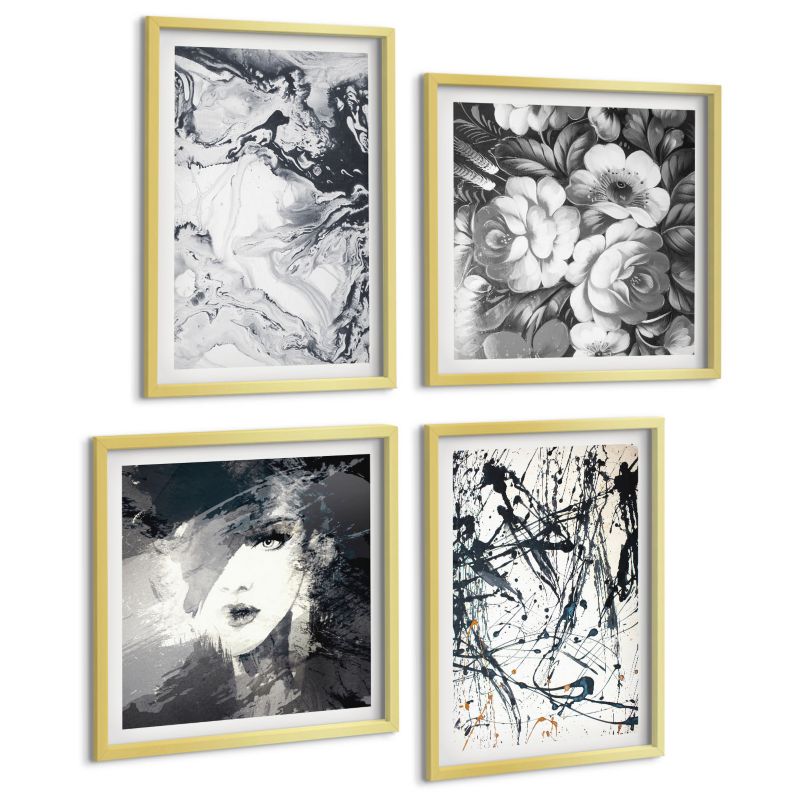 Zestaw 4 Obrazów ArtPrintCave (2x50x50+2x40x60cm) Złota rama Abstrakcyjne czarno Złote wzory 1 kpl.