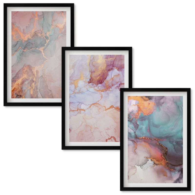 Obraz Ścienny Zestaw Wallfluent Abstrakcyjne pastelowe wzory Czarna rama 40x60 cm 3 szt.