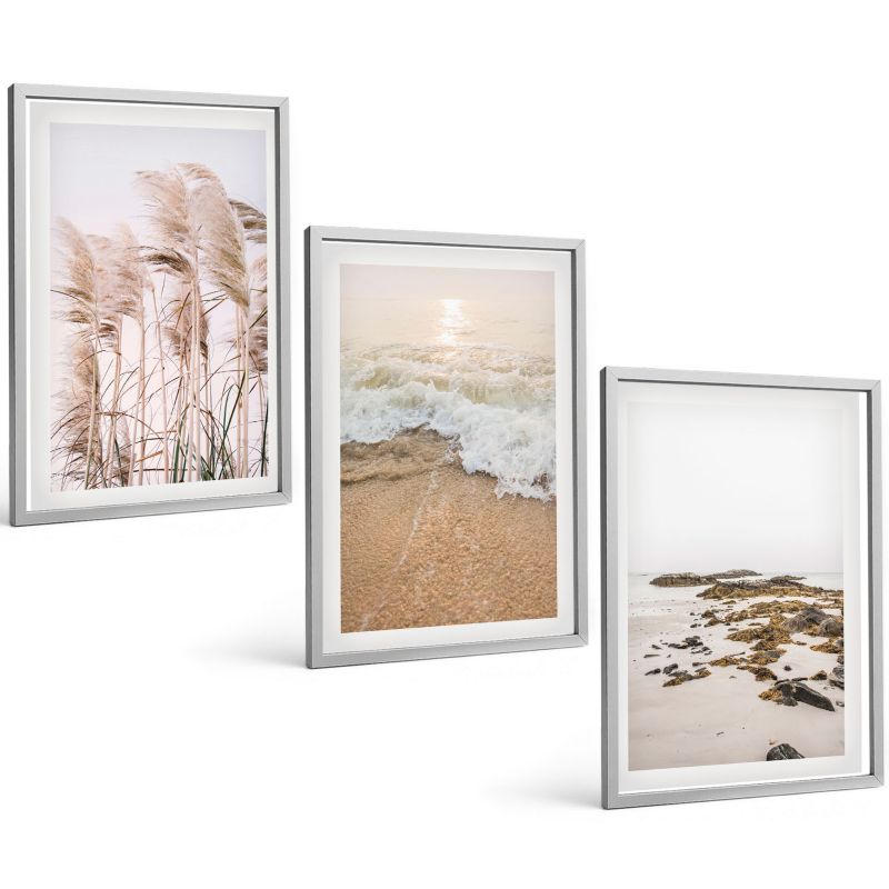 Galeria 3 Obrazów w Srebrnej Ramie ArtPrintCave 40x60 cm Komplet ścienny Plażowe trawy fale kamienie boho 1 kpl.