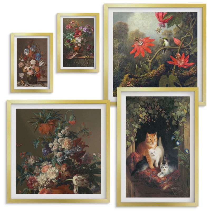 Galeria Obrazów Na Ścianę Wallfluent Vintage kwiaty koty rośliny Złota rama 5 szt.