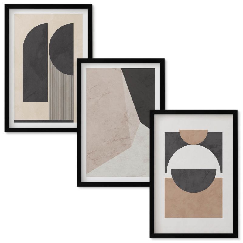 Zestaw obrazów Wallfluent Abstrakcyjne kształty beż brąz Czarna rama 40x60 cm 3 szt.