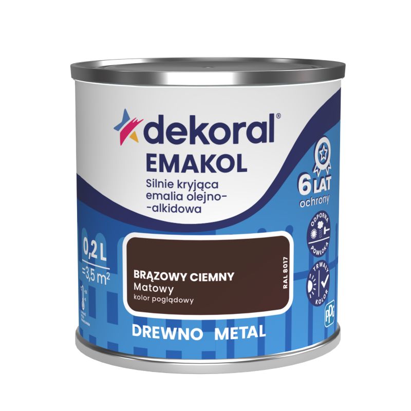 Emalia olejno-alkidowa Dekoral Emakol do drewna i metalu brązowy ciemny mat 0,2 l
