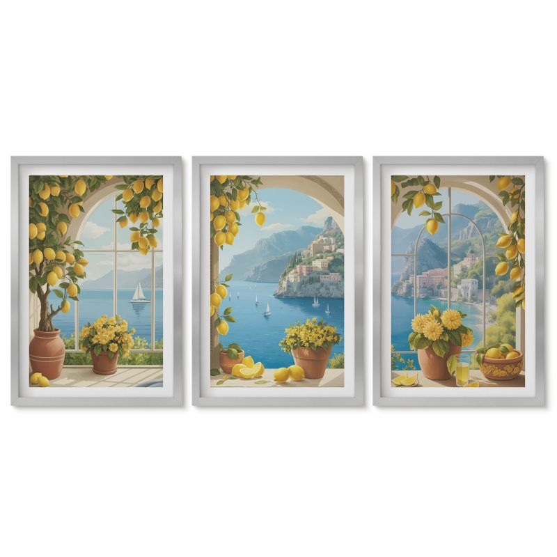 Zestaw 3 obrazów w srebrnych ramach Tulup 40x60 cm Krajobrazy morza cytryny okna Dekoracja ścienna do przedpokoju 1 kpl