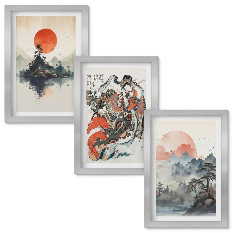 Obraz Ścienny Zestaw Wallfluent Azjatyckie malunki japandi Srebrna rama 20x30cm 3 szt.