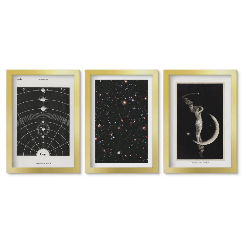 Zestaw 3 obrazów w złotych ramach Tulup 20x30 cm Układ słoneczny nocna postać Stylowa galeria nad biurko 1 kpl