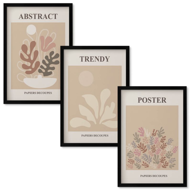 Set Obrazów w Ramie Wallfluent Roślinne motywy beż brąz Czarna rama 40x60 cm 3 szt.