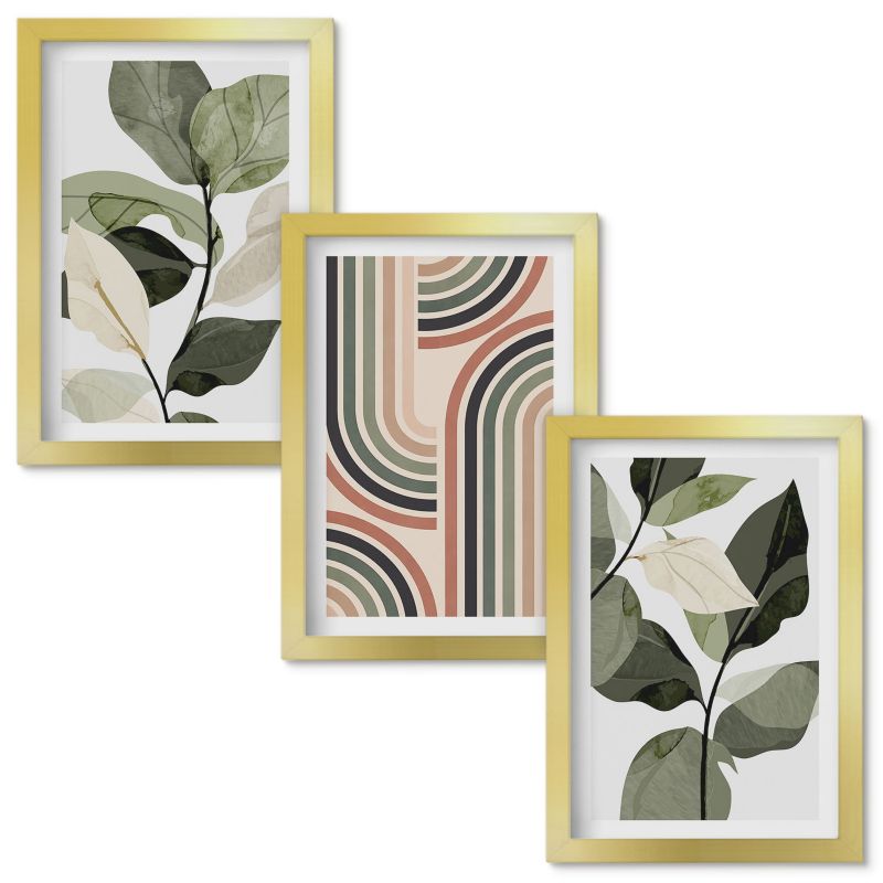 Set Obrazów w Ramie Wallfluent Roślinne motywy geometryczne Złota rama 20x30cm 3 szt.