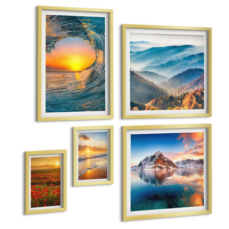 Pięcioczęściowy Zestaw Obrazów ArtPrintCave (2x50x50+2x20x30+40x60cm) Złota rama Krajobrazy gór i morza zachód 1 kpl.