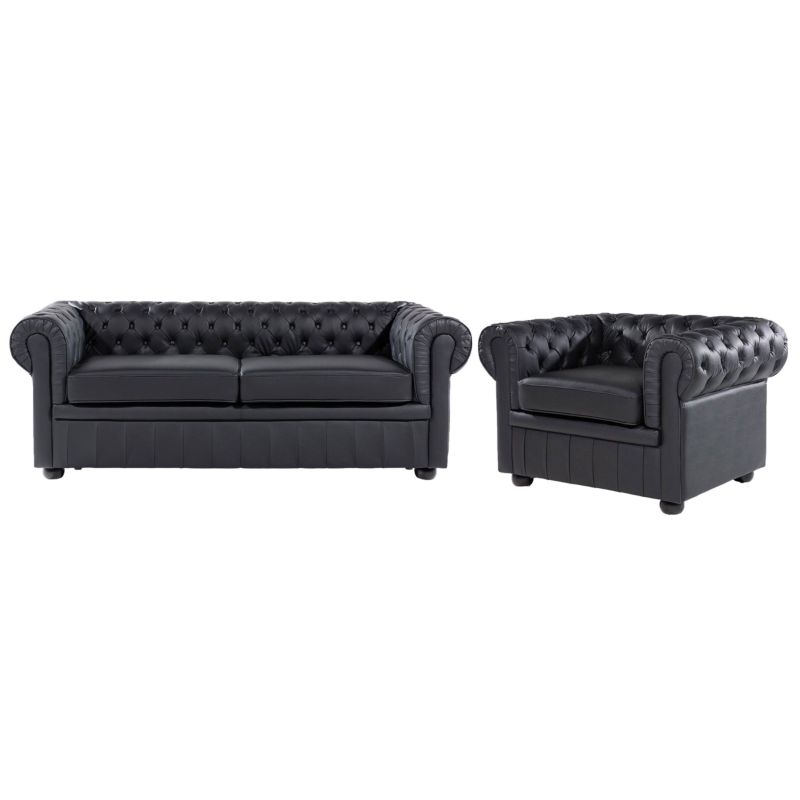 Komplet wypoczynkowy dla 4 osób Chesterfield Skóra naturalna Czarny 1 kpl