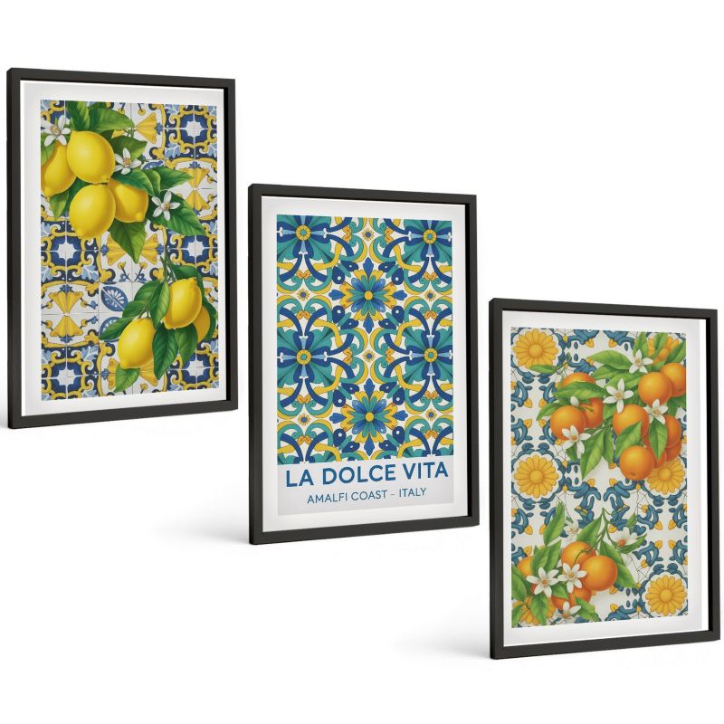 Galeria 3 Obrazów w Czarnej Ramie ArtPrintCave 40x60 cm Komplet ścienny Cytryny kwiaty pomarańcze Italia 1 kpl.