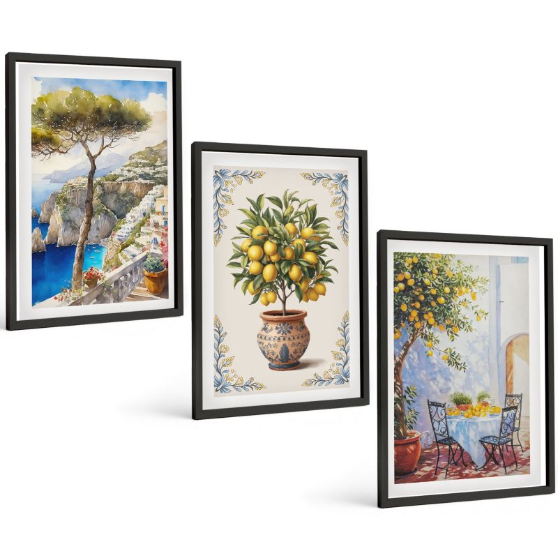 Trzyczęściowy Zestaw Obrazów ArtPrintCave 40x60 cm Czarna rama Morze drzewo cytrynowe stół 1 kpl.