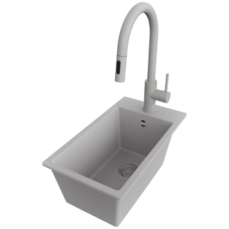 Zlewozmywak Granitowy Ryga PRIMAGRAN Nablatowy 28x50cm do Szafki od 30cm, Cały Szary + Bateria 40x20cm + Syfon, S024, 1 szt.
