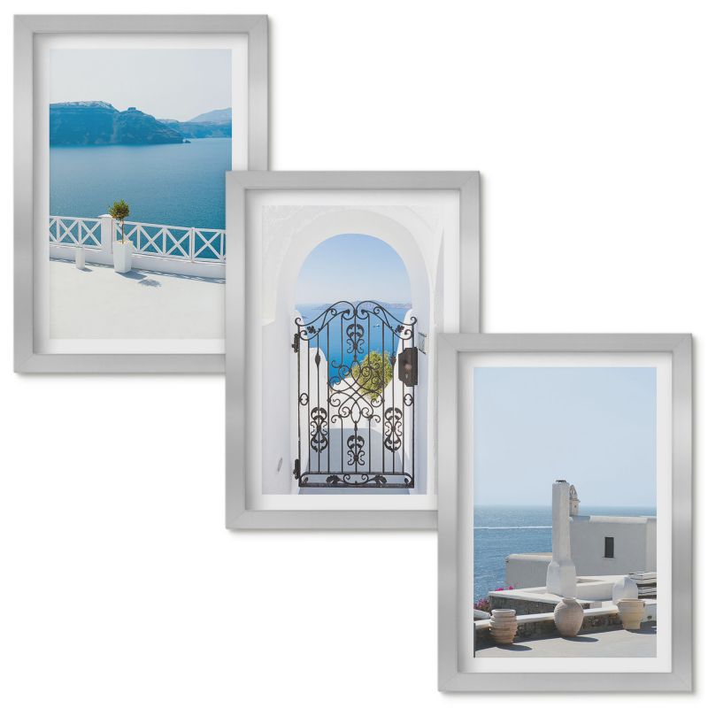 Obraz Ścienny Zestaw Wallfluent Morze białe budynki Grecja Srebrna rama 20x30cm 3 szt.