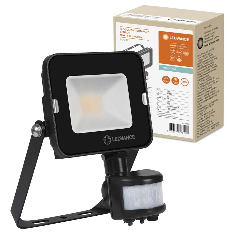 Naświetlacz Floodlight LED Ledvance Reflektor Zewnętrzny Lampa 10W 1000lm 4000K IP65 Czarny z Czujnikiem Ruchu i Zmierzchu 1 szt.