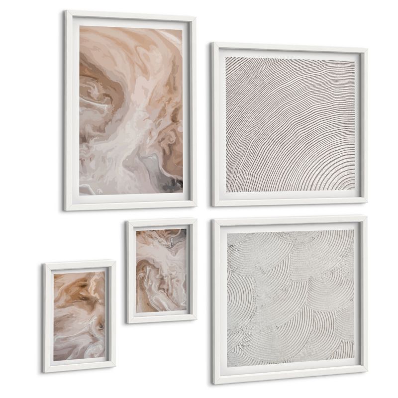 Zestaw Obrazów 5 Częściowy ArtPrintCave (2x50x50+2x20x30+40x60cm) Biała rama Marmurowe wzory tekstury kamienia 1 kpl.
