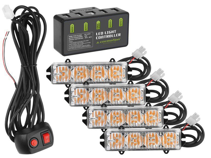 Lampki ostrzegawcze 12/24V 16W, zestaw z kontrolerem i pilotem na kablu, Carmotion, 4 szt.