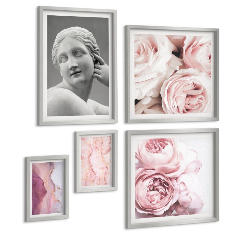 Zestaw Obrazów 5 Częściowy ArtPrintCave (2x50x50+2x20x30+40x60cm) Srebrna rama Piwonie rzeźba kobiety 1 kpl.