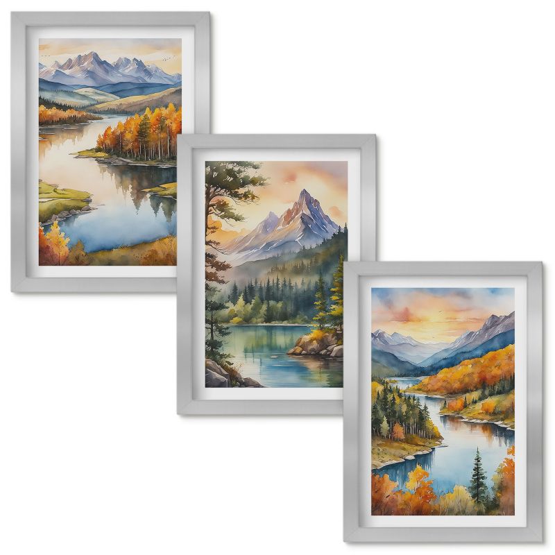Obraz Ścienny Zestaw Wallfluent Górskie pejzaże z rzeką Srebrna rama 20x30cm 3 szt.