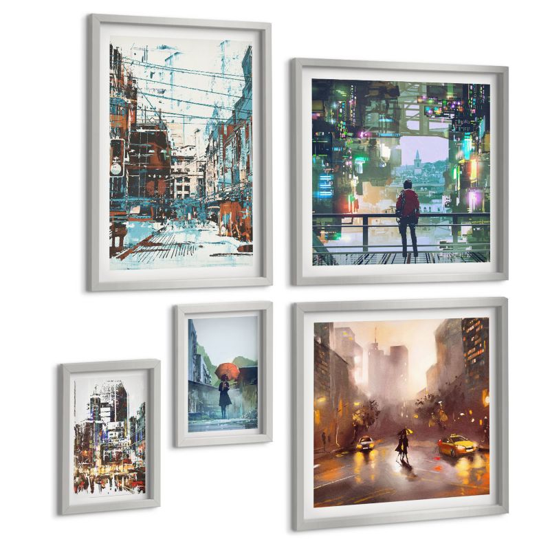 Galeria 5 Obrazów ArtPrintCave (2x50x50+2x20x30+40x60cm) Srebrna rama Nowoczesne miasta kolorowe z postacią 1 kpl.