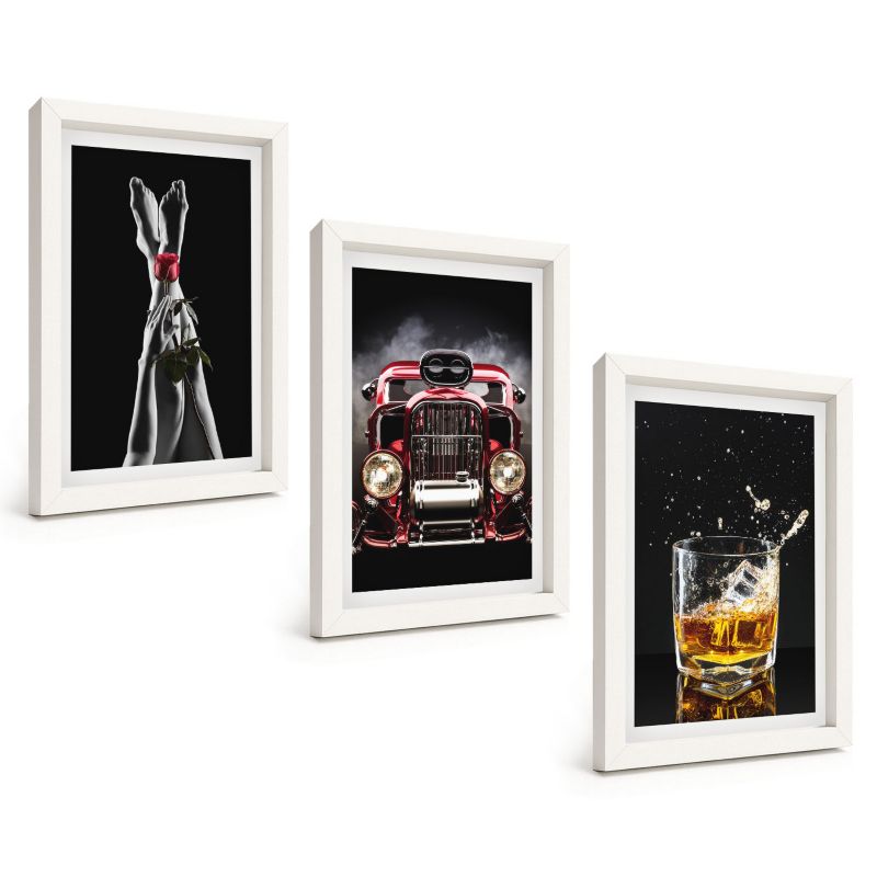Zestaw 3 Obrazów w Białej Ramie ArtPrintCave 20x30 cm Galeria Ścienna Kobiece nogi róża auto whisky 1 kpl.