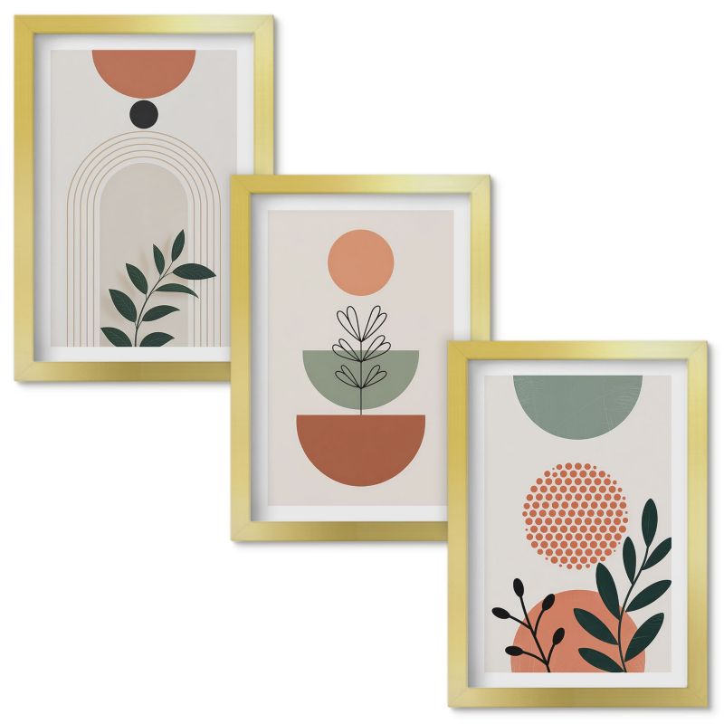 Obraz Ścienny Zestaw Wallfluent Roślinne motywy nowoczesne Złota rama 20x30cm 3 szt.
