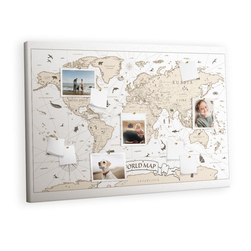 Obraz Tablica Korkowa Tulup 120x80 cm Postarzany atlas świata vintage Na zdjęcia i notatki Pinezki metaliczne 1 kpl