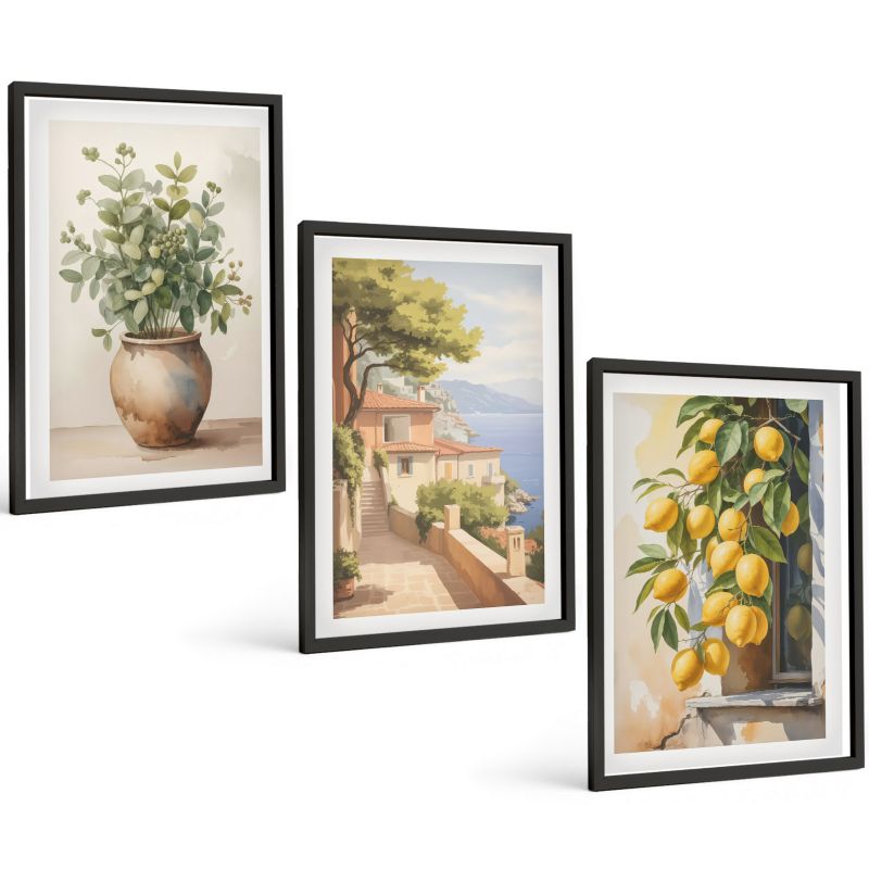 Zestaw Obrazów 3 Częściowy ArtPrintCave Czarne Ramki 40x60 cm Dekoracja do Sypialni Kwiaty w wazonie morze cytryny 1 kpl.