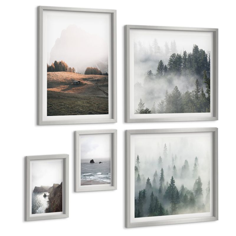 Komplet 5 Obrazów ArtPrintCave (2x50x50+2x20x30+40x60cm) Srebrna rama Krajobrazy gór i morza 1 kpl.