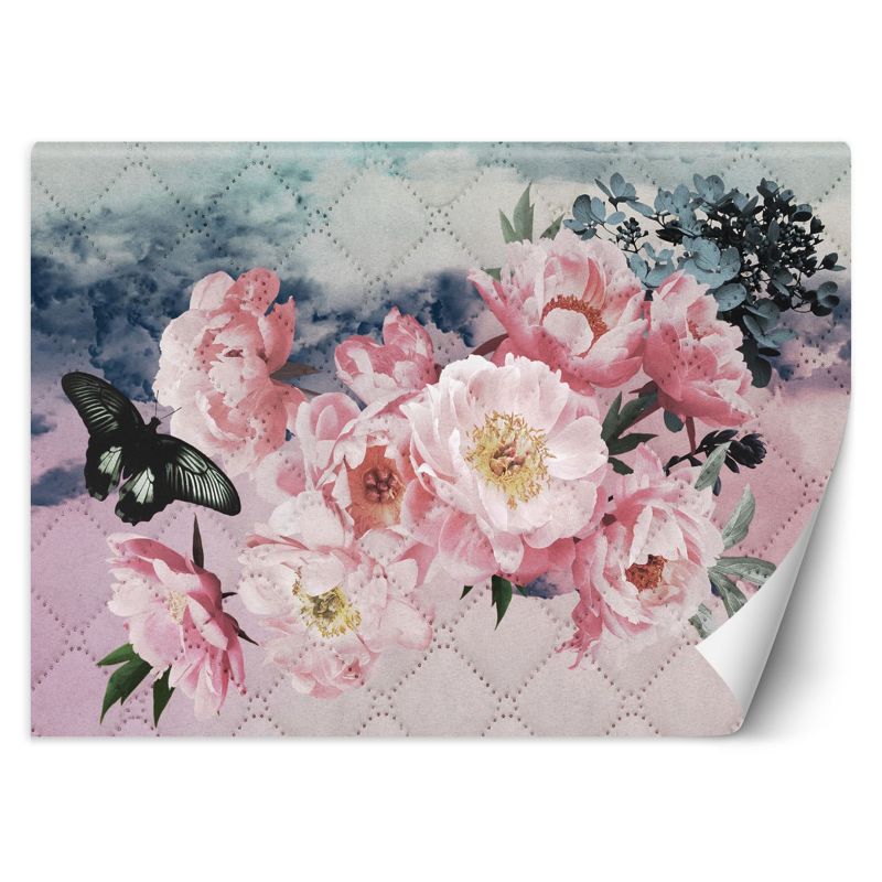 Fototapeta Feeby Piwonie i motyl na pikowanej pastelowej teksturze 350x245 1 szt