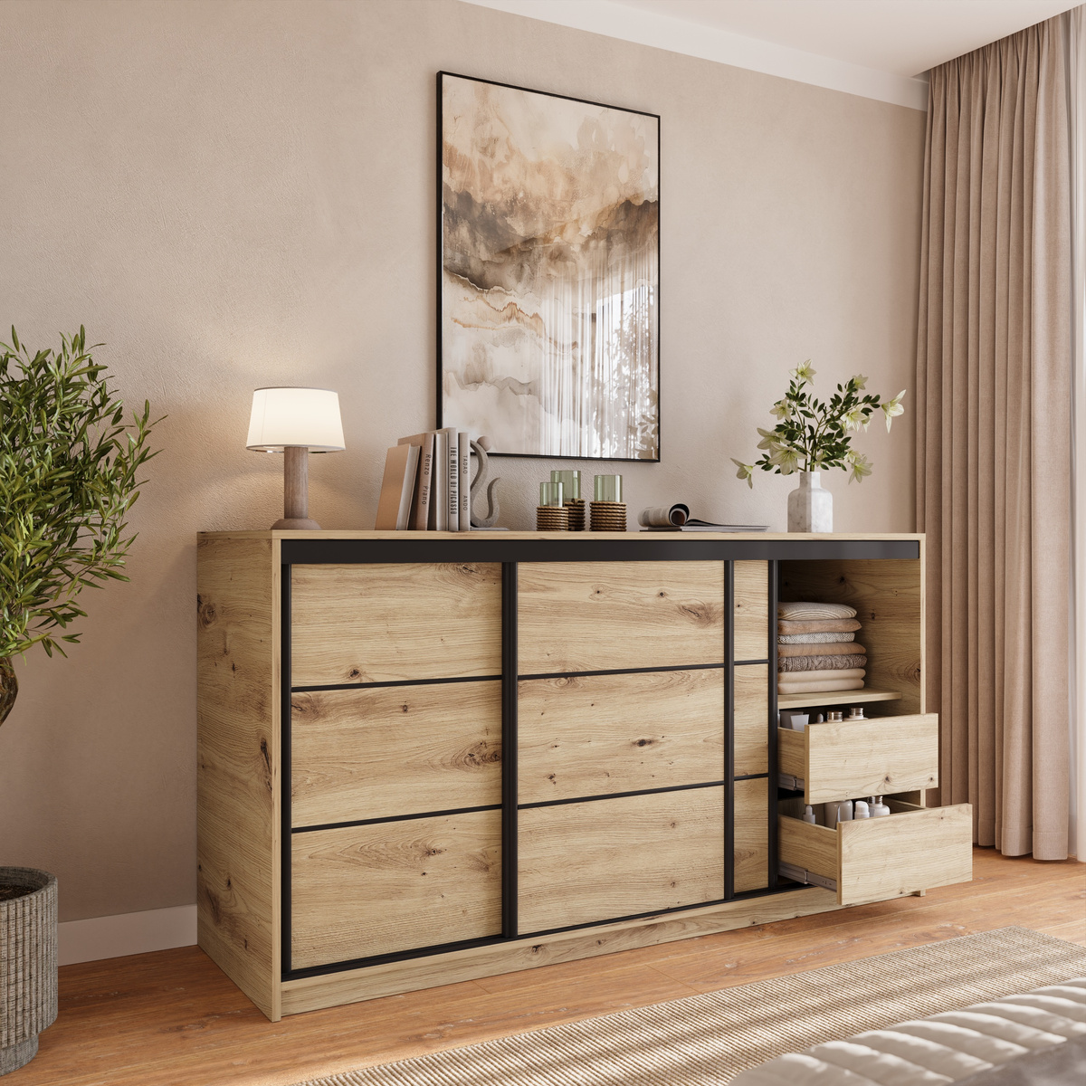 Loftowa komoda dąb artisan z szufladami 180 cm LOFT