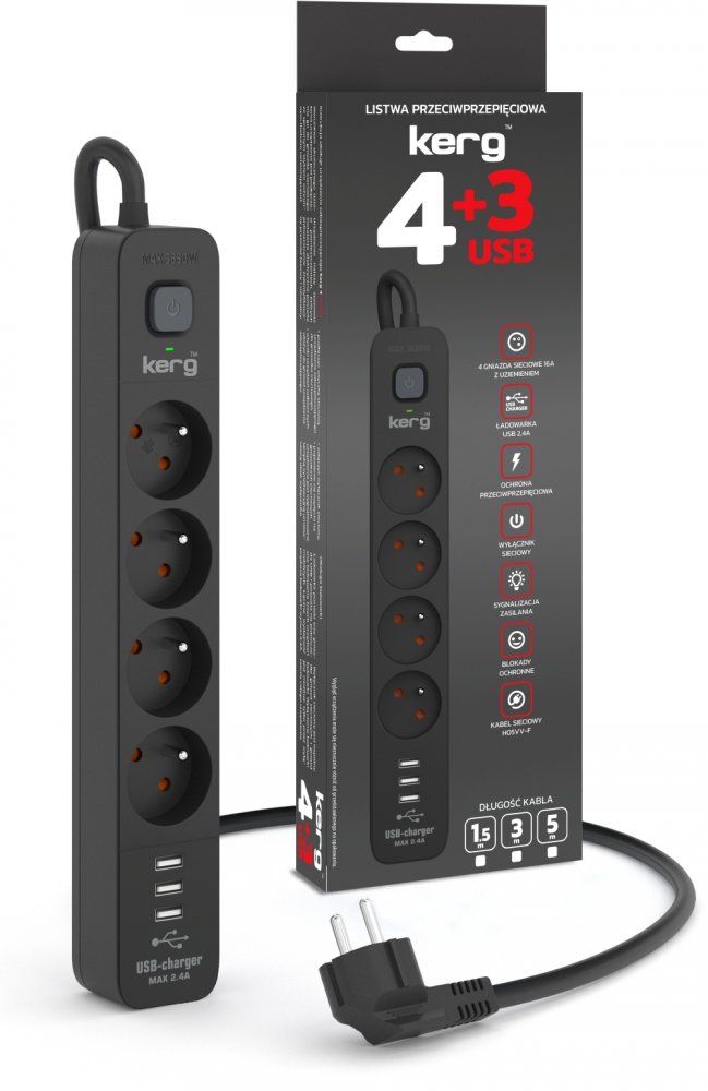 Listwa zasilająca Kerg, przeciwprzepięciowa, 1.5m, 4 gniazda + ładowarka 3xUSB-A