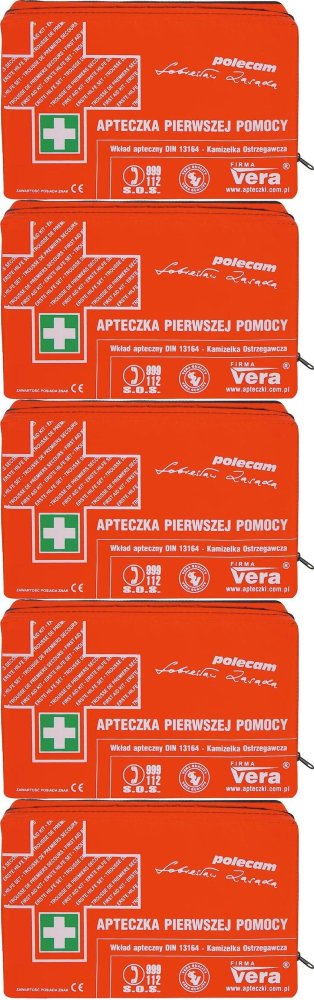 5x Apteczka samochodowa Vera Super Classic, w wodoodpornej saszetce, z wyposażeniem (DIN 13164), czerwony