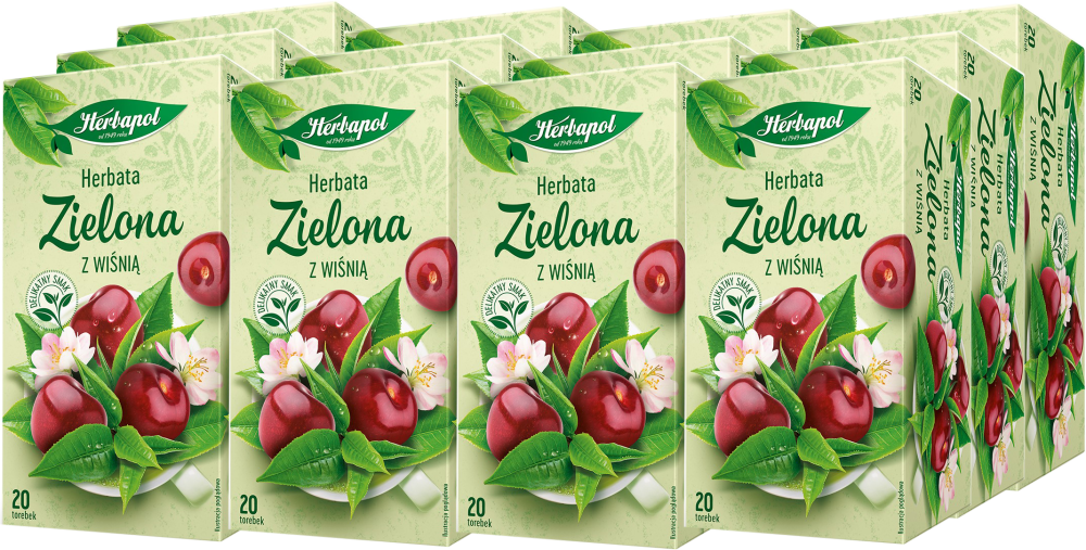 12x Herbata zielona w torebkach Herbapol, z wiśnią, 20 sztuk x 1.7g
