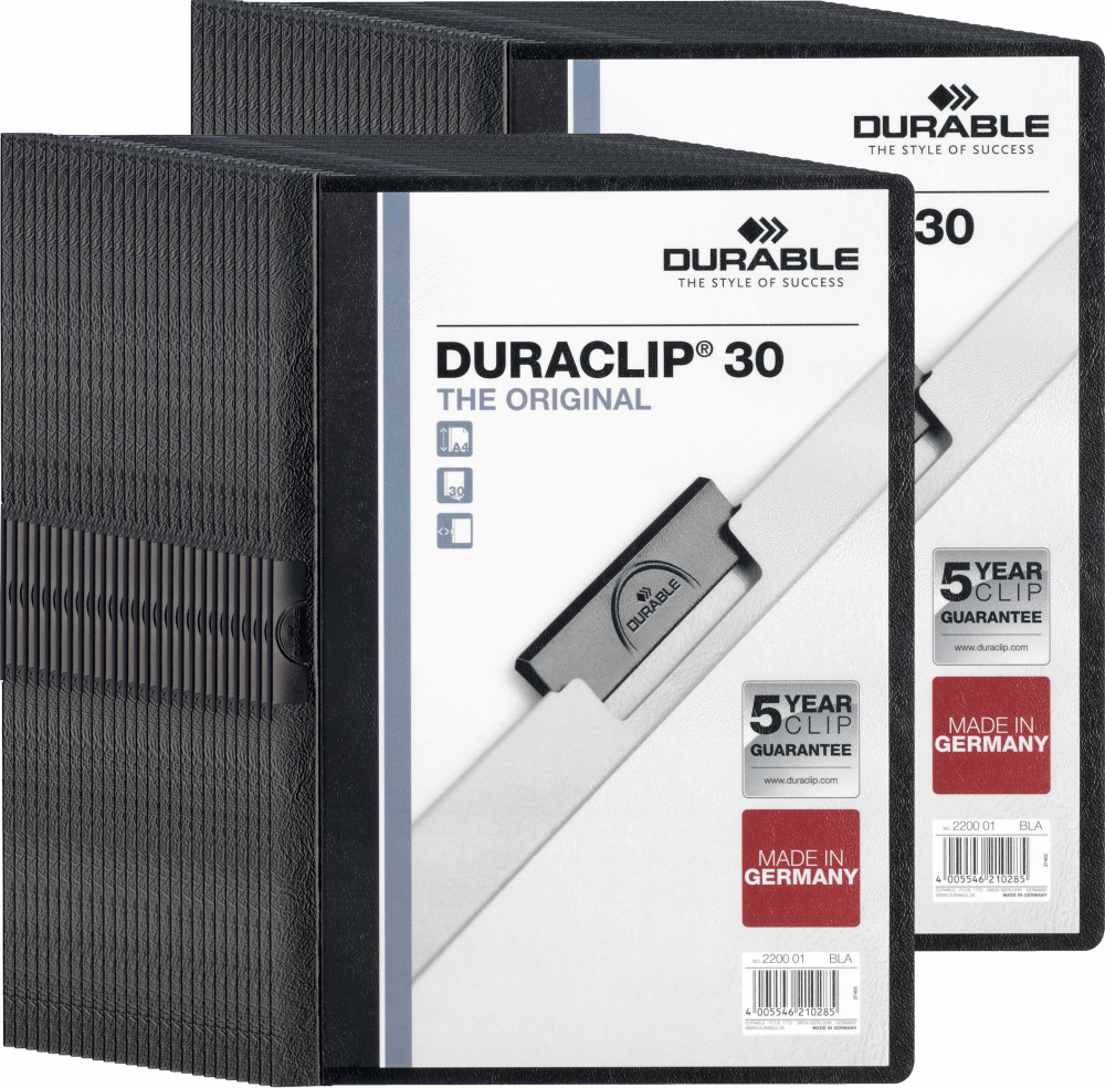 50x Skoroszyt zaciskowy Durable DuraClip, A4, plastikowy, do 30 kartek, czarny