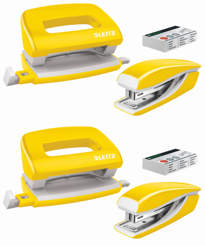 2x Zestaw zszywacz i dziurkacz Leitz Mini NeXXt Wow, metalowy, żółty