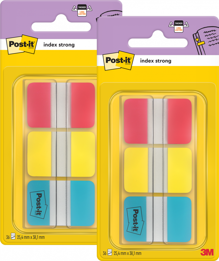 2x Zakładki samoprzylepne Post-it proste, indeksujące, silne, folia, 38x25mm, 3x22 sztuki z niebieskim