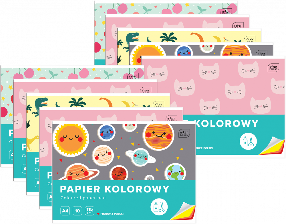 10x Zeszyt papierów kolorowych Interdruk, A4, 10 kartek, mix wzorów